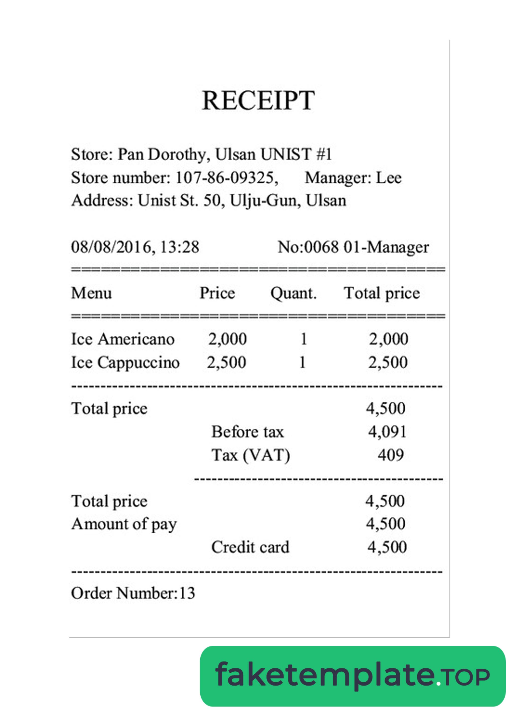 Feature of fake RECEIPT EXAMPLE